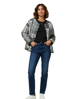 Women's Check Print Quilted Popper Front Jacket in Indigo Blue/Navy Patchwork