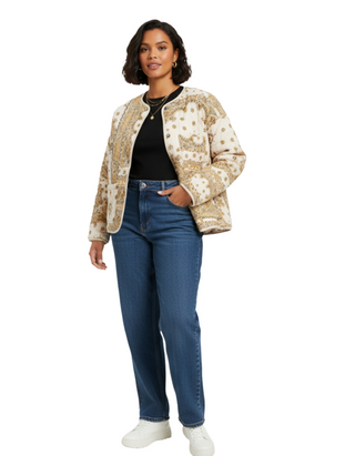 Women's Paisley Print Quilted Popper Front Jacket in Ecru/Yellow