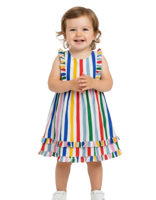 Baby Boden Girls' Luna Stripe Frill Dress in Multi Rainbow