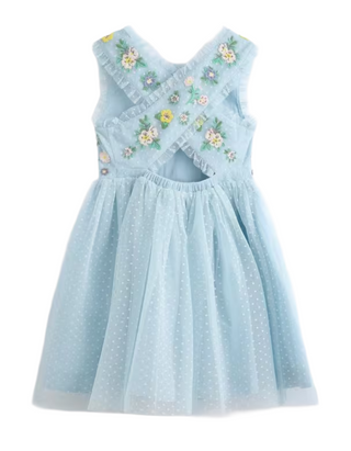 Mini Boden Girls' Embroidered Tulle Cross-Back Dress in Blue (Imperfect)