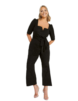 Women's Glitter Notch Neck Tie Waist Jumpsuit in Black