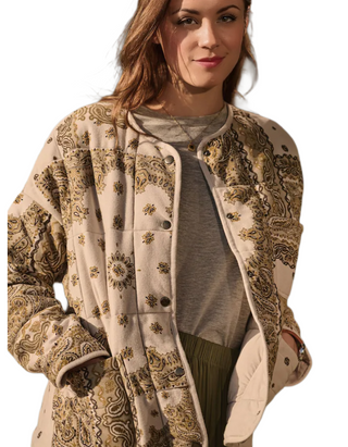 Women's Paisley Print Quilted Popper Front Jacket in Ecru/Yellow