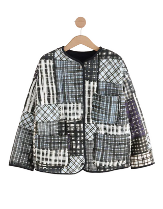 Women's Check Print Quilted Popper Front Jacket in Indigo Blue/Navy Patchwork