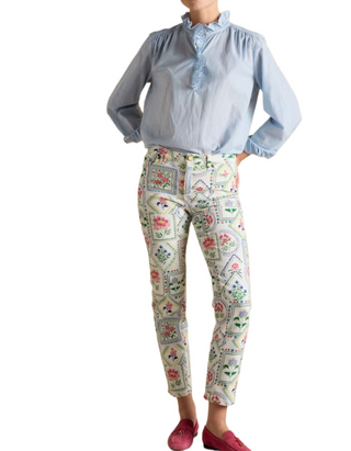 Women's Long Sleeve Melanie Striped Cotton Frill Blouse in Blue