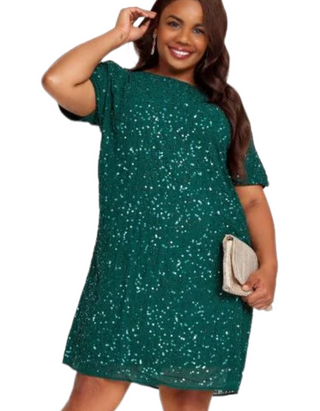 Women's Sequin Hand Embellished Cape Dress in Forest Green