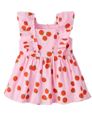 Baby Flutter Sleeve Printed Linen Dress in Pink Cherry Tomatoes