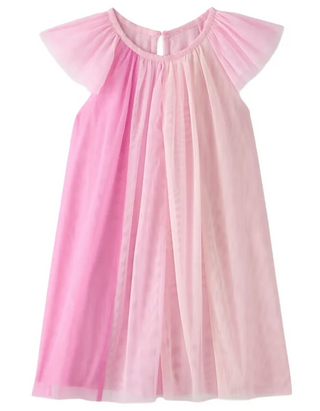 Girls' Flutter Sleeve Tulle Paneled Dress in Gradient Pink (Imperfect)