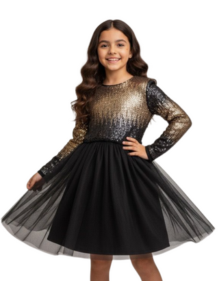 Girl's Festive Sequin Tulle Dress in Black