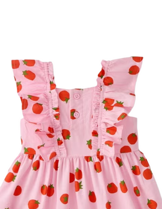 Baby Flutter Sleeve Printed Linen Dress in Pink Cherry Tomatoes