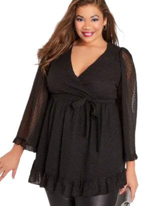 Women's Plus Size Metallic Dobby Wrap Top in Black
