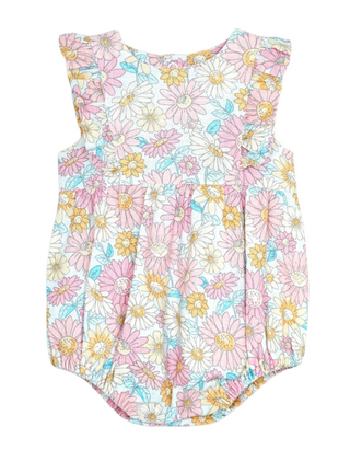 Jojo Maman Bebe Girl's Sunflower Cotton Linen Bubble Romper in Pink