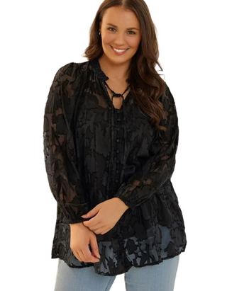 Women's Plus Size Textured Tie Neck Blouse in Black
