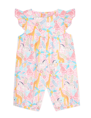 JoJo Maman Bebe Baby Safari Animals Print Pretty Sunsuit in Pink