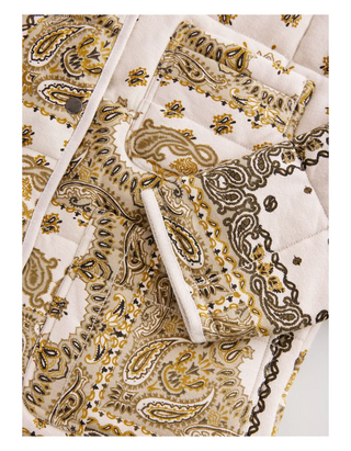 Women's Paisley Print Quilted Popper Front Jacket in Ecru/Yellow