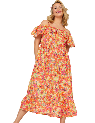 Women's Plus Size Floral Frill Cold Shoulder Midi Dress in Orange