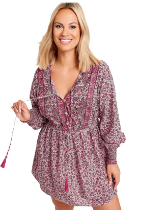 Women's  Plus Size Floral Print Tie Neck Blouse in Peasant Dusky Pink (Imperfect)