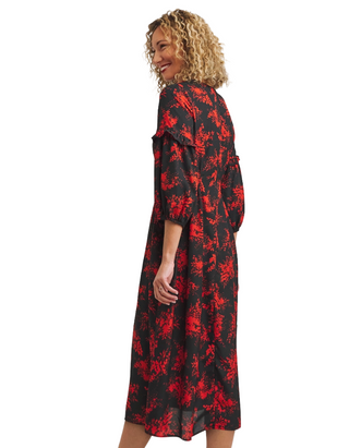 Women's Floral Printed Midi Tea Dress in Red