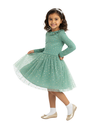 Mini Boden Girls' Rose Twirly Jersey Tulle Dress in Green Stars