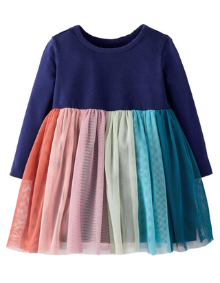 Girls' Long Sleeve Tulle Rainbow Dress in Navy (Imperfect)