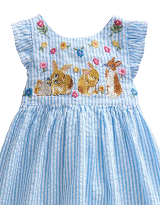 Mini Boden Girls' Stripe Embroidered Cotton Pinafore Dress Ivory/ Blue Ticking Bunny