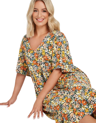 Women's Floral Print Angel Sleeve Smock Dress in Brown