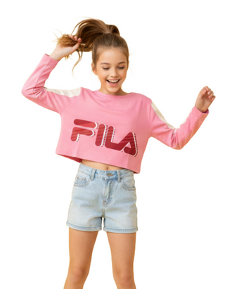FILA Girl's Cropped Metallic Camiseta Algorithm T-shirt in Bright Pink