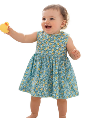 JoJo Maman Girls Lemon Bloom Pretty Summer Baby Dress in Blue