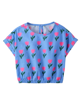 Girls Print Boxy Fit Top in Tulips On Vintage Blue