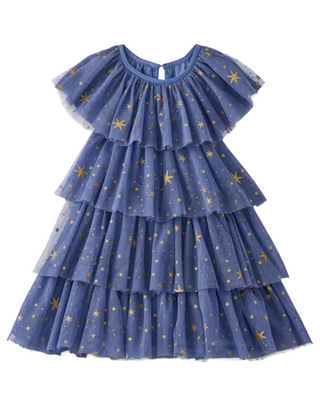 Girls Layered Foil Print Tulle Dress- Blue Stars