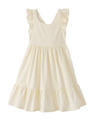 Girls' Ruffle Sleeve Bow Detail Linen Dress in Ecru