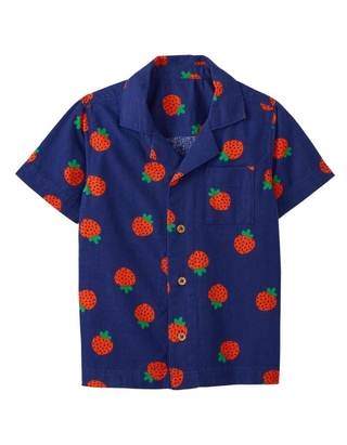 Girls Printed Linen Blend Shirt in Blue Strawberries