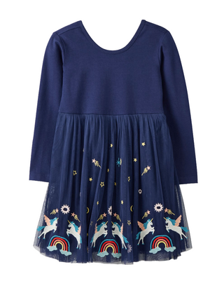 Girls' Long Sleeve Embroidered Tulle Skater Dress in  Navy Unicorn