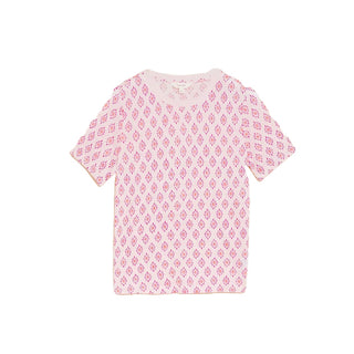 Women's Linen Blend Geometric Short Sleeve T-Shirt in Pink Mix