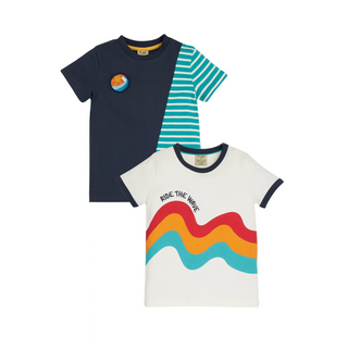 Frugi Boy's Busby Tees 2 Pack T-shirt in Camper Blue Breton-Wave