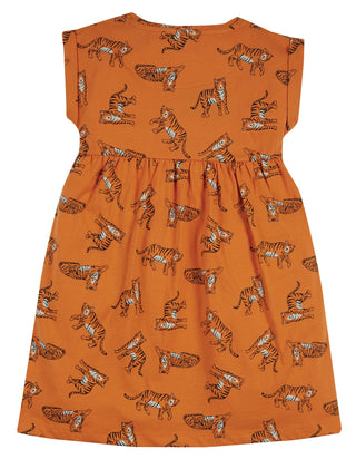 Frugi Girl's Marigold Tiger Fran Jersey Dress in Orange