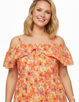 Women's Plus Size Floral Frill Cold Shoulder Midi Dress in Orange