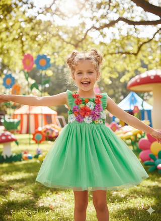 Mini Boden Girls' Embellished Floral Applique Tulle Dress in Green
