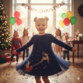 Mini Boden Girl's Applique Festive Tulle Dress in Navy Santa Ride