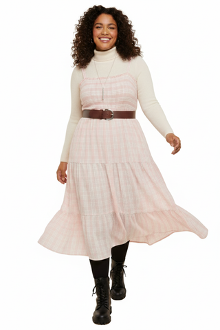 Women's  Plus Size Check Print Shirred Strappy Sundress in Pink