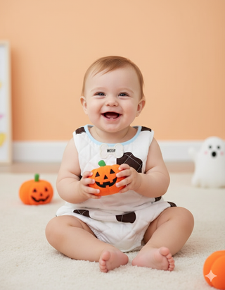 The Beaufort Bonnet Company Baby Happy Halloween Romper in White Dog