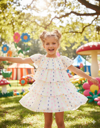 Mini Boden Girls' Wing Sleeve Dress in Ivory/Multi Spot