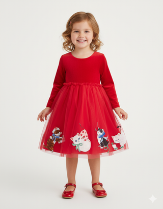 Mini Boden Girls' Katie Kitten Long Sleeve Tulle Dress in Red (Imperfect)