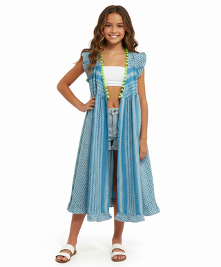 Wild & Gorgeous Girl's Bohemian Frill Pom-Pom Coverup in Blue Mix