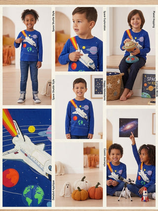 Mini Boden Long Sleeve Space Print Kids T-Shirt In Navy