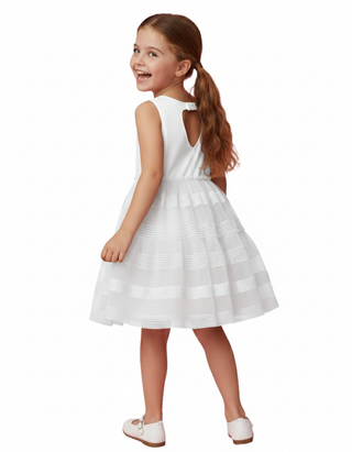 OVS Girl's Chenille Stripe Detail Tulle Skirt Dress in White