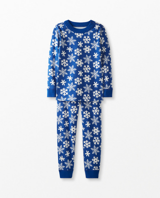 Kids Long John Pyjama Set in Blue Snow Flakes