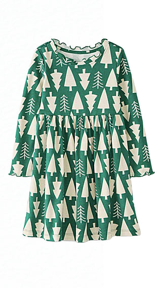 Girl's Holiday Festive Print Ruffle Neck Dress in Winter Green