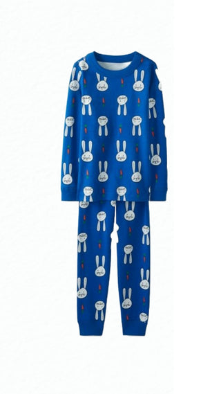 Kids Cotton Long John Pyjama Set in Blue Bunny