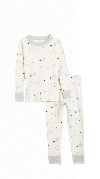 Kids Long John Pajama Set in Light Grey Stars