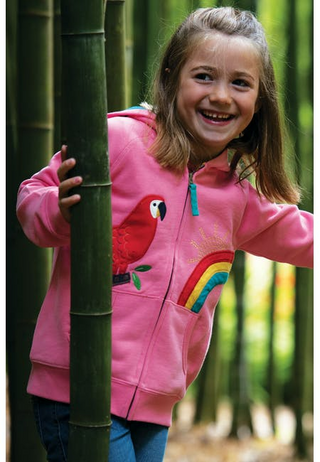 Frugi Girl's Zip Up Applique Dorothy Hoody in Mid Pink/Parrot (Slightly Defect)